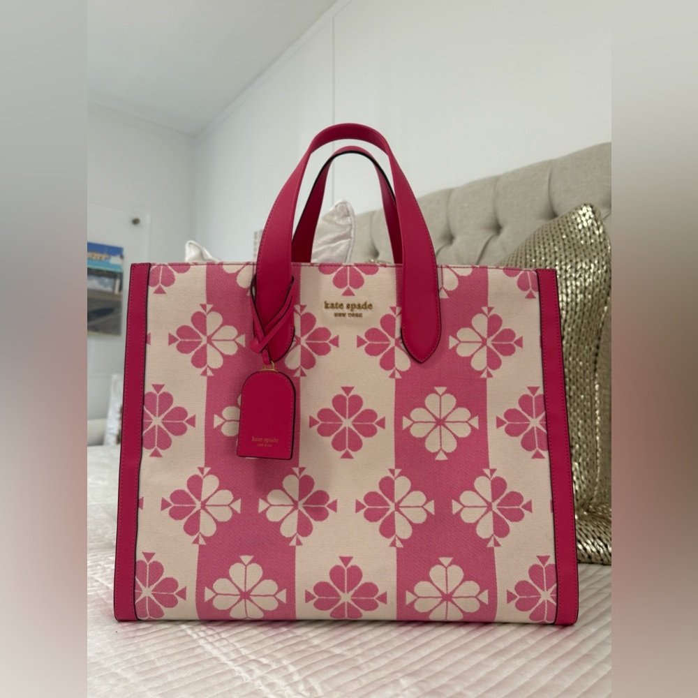 Kate spade pink flower two tone jacquard large Manhattan tote bag